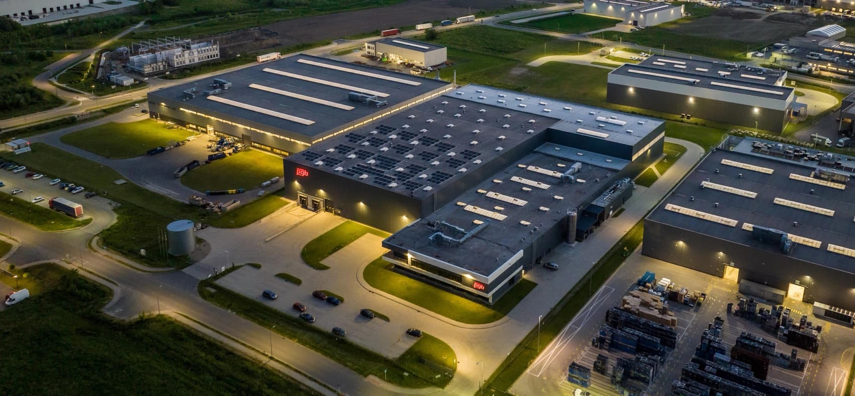 PGB production campus at dusk